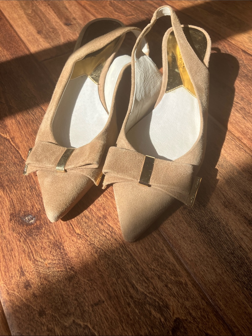MICHAEL Michael Kors Tan Suede Pointed-Toe Slingback Flats with Bow